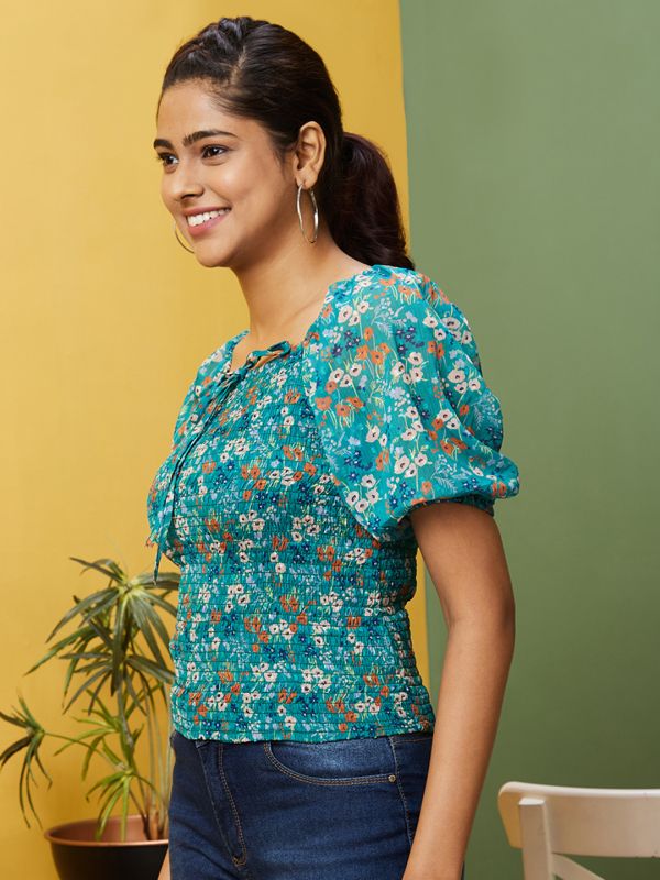 Globus Women Green Printed Casual Square Neck Top