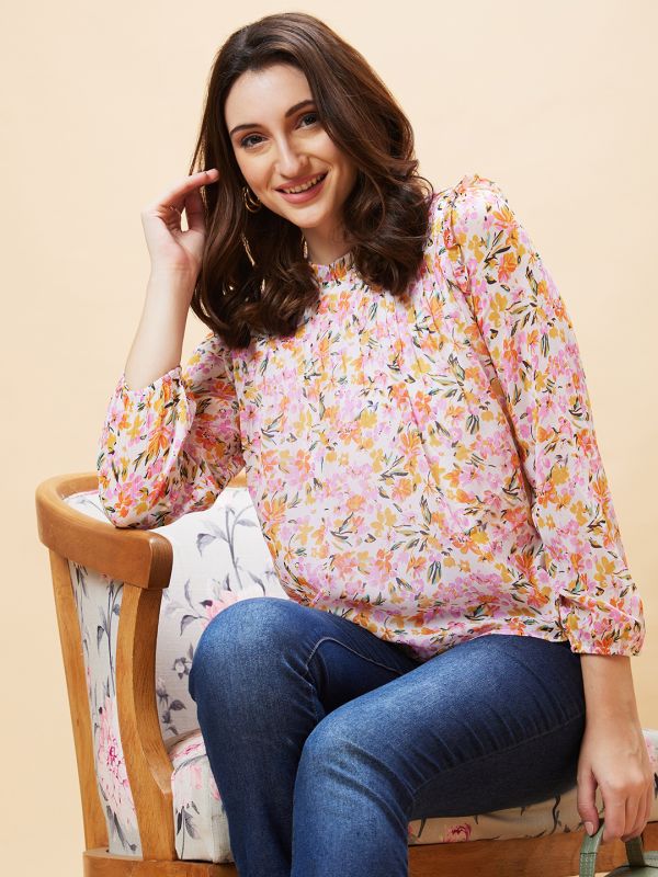 Globus Women White Floral Print High Neck Pleated Top