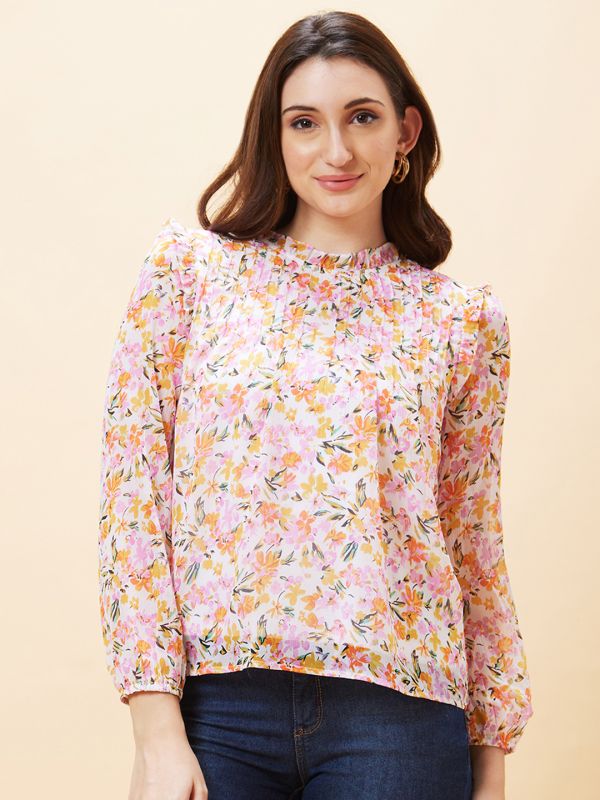 Globus Women White Floral Print High Neck Pleated Top