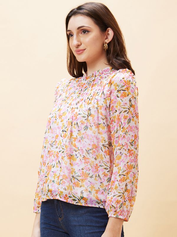 Globus Women White Floral Print High Neck Pleated Top
