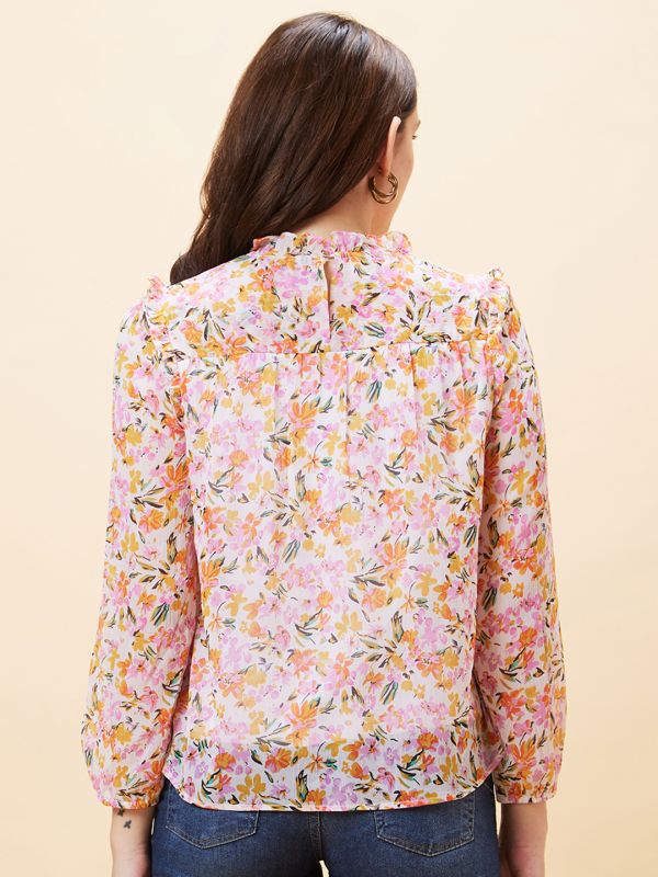 Globus Women White Floral Print High Neck Pleated Top