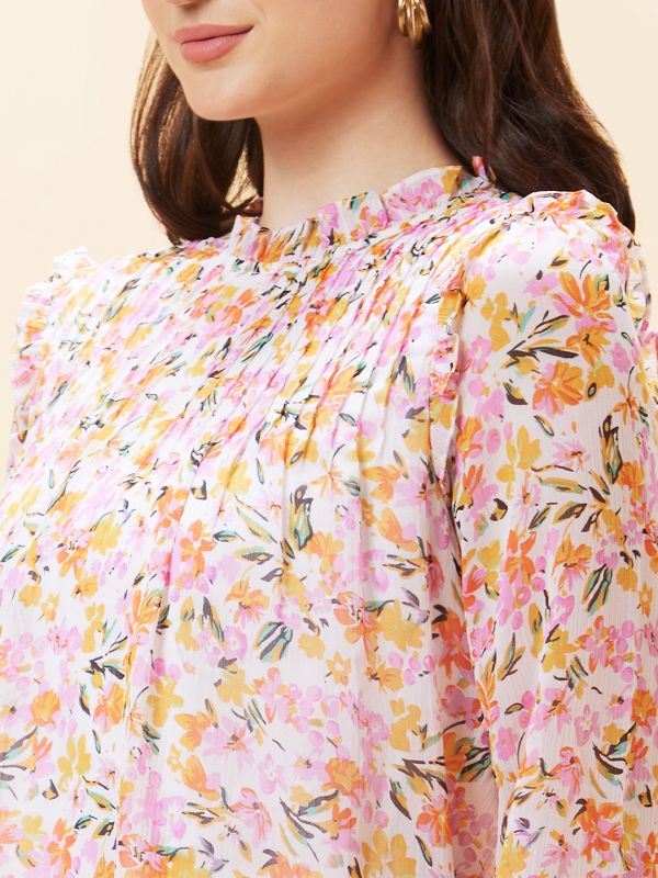 Globus Women White Floral Print High Neck Pleated Top