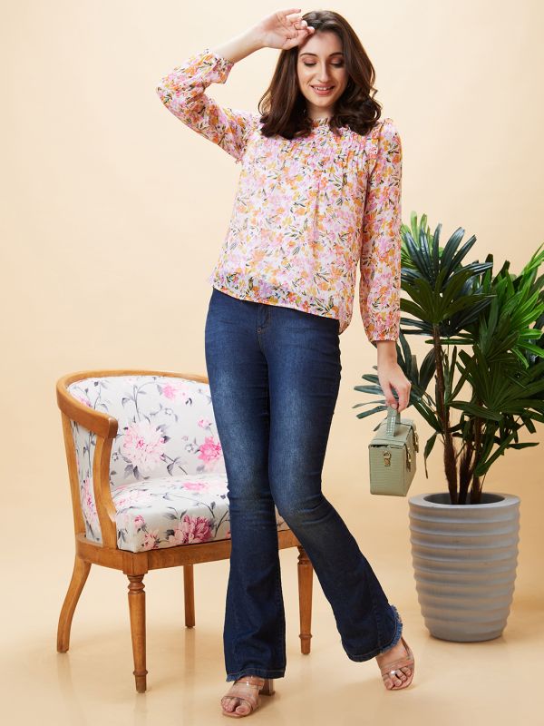 Globus Women White Floral Print High Neck Pleated Top
