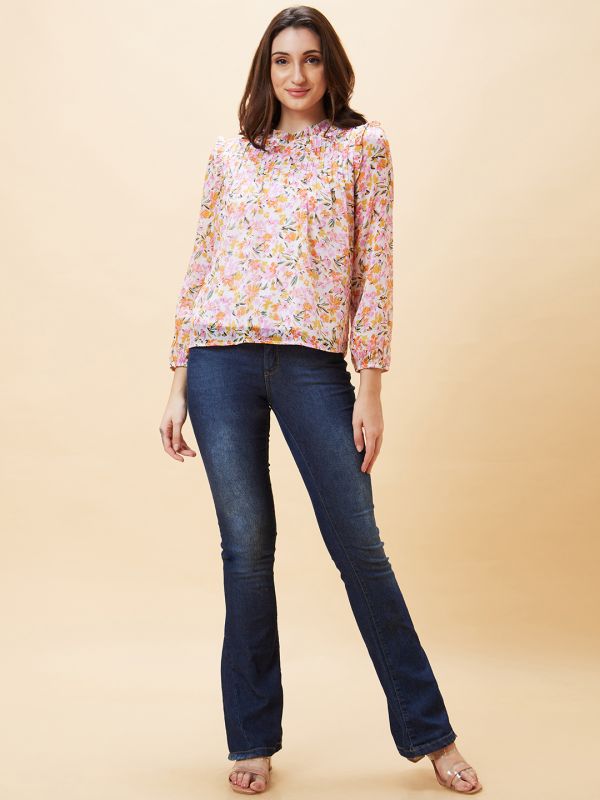 Globus Women White Floral Print High Neck Pleated Top