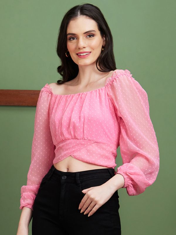 Globus Women Pink Self Design Polyester Square Neck Casual Top