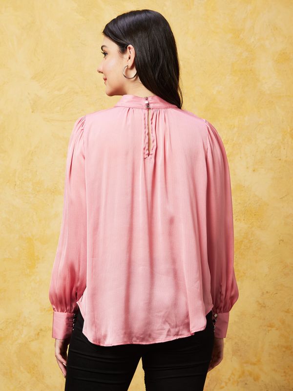 Globus Women Pink Solid High Neck Casual Top