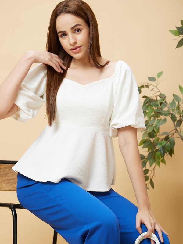 Globus Women White Sweetheart Neck Puff Sleeves Peplum Top