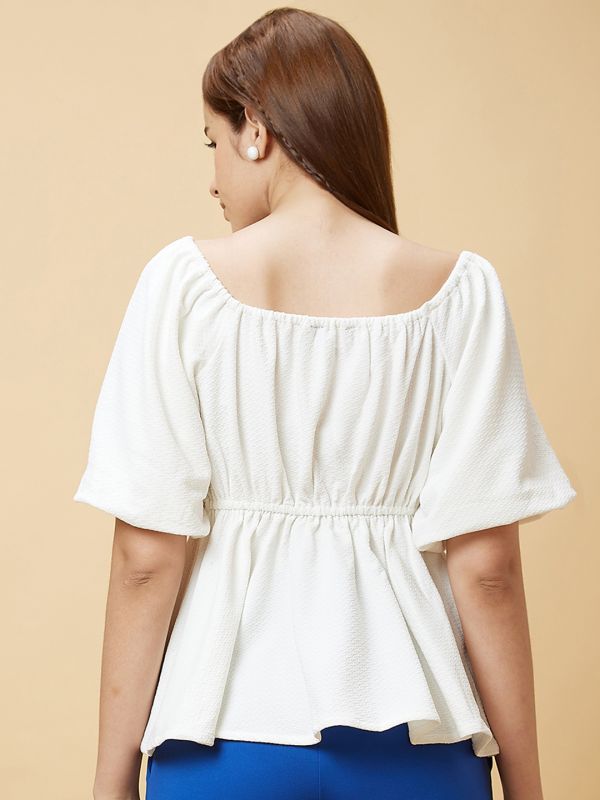 Globus Women White Sweetheart Neck Puff Sleeves Peplum Top