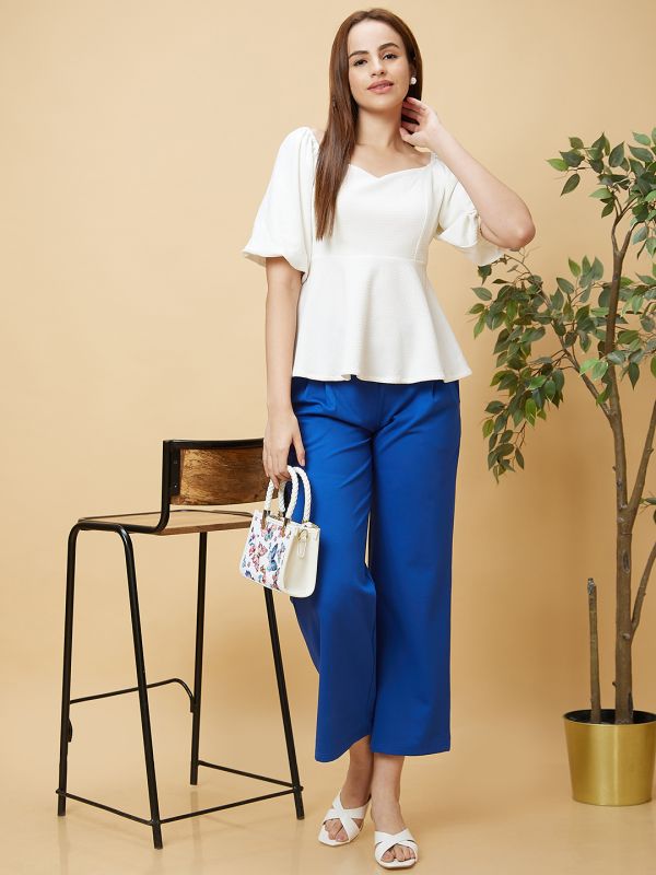 Globus Women White Sweetheart Neck Puff Sleeves Peplum Top