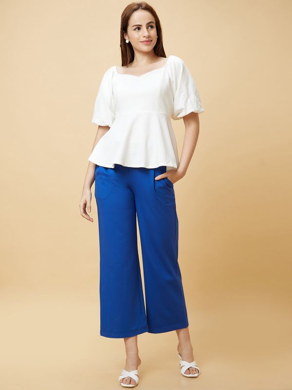 Globus Women White Sweetheart Neck Puff Sleeves Peplum Top