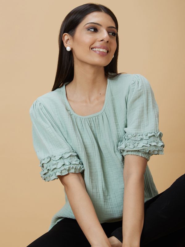 Globus Women Green Solid Round Neck Casual Top