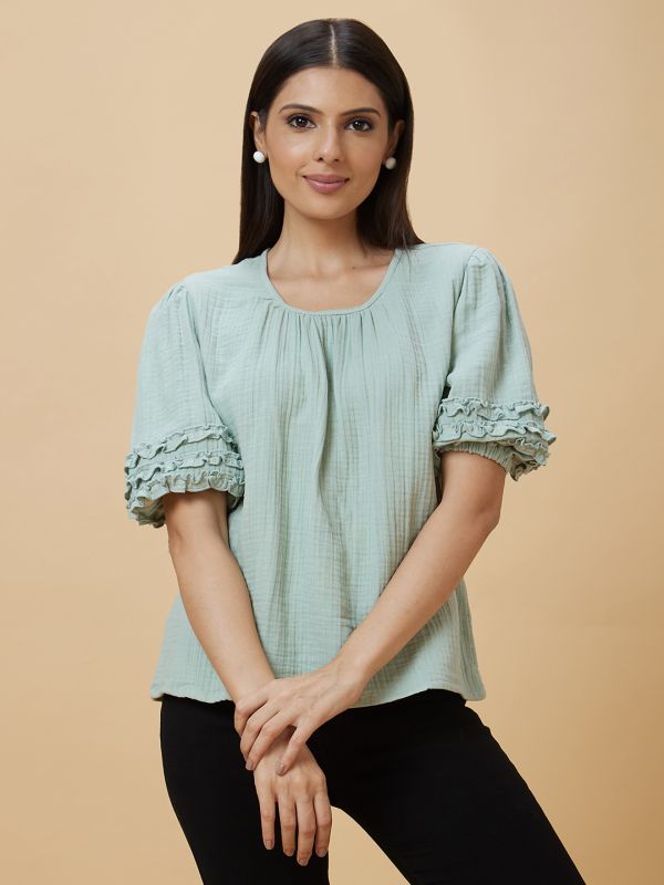 Globus Women Green Solid Round Neck Casual Top
