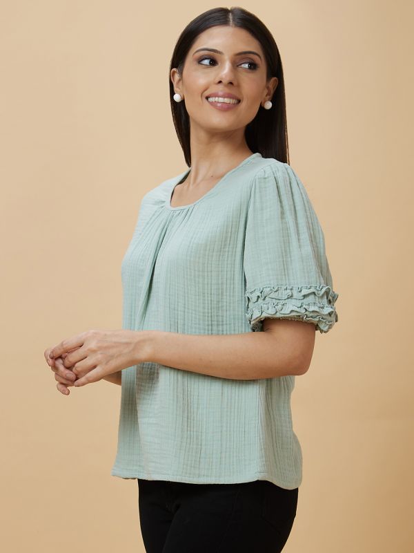 Globus Women Green Solid Round Neck Casual Top