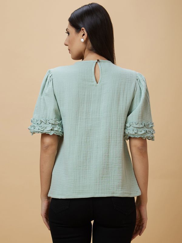 Globus Women Green Solid Round Neck Casual Top