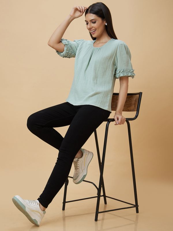 Globus Women Green Solid Round Neck Casual Top