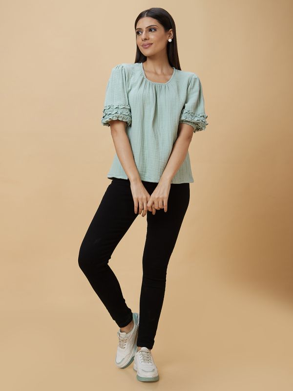 Globus Women Green Solid Round Neck Casual Top