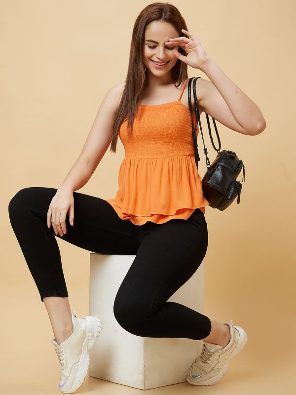 Globus Women Orange Fit to Flare Smocked Yoke Strappy Casual Top