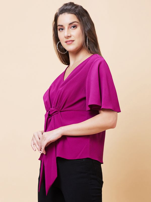 Globus Women Pink Solid V-Neck Casual Waist Tie-Up Top
