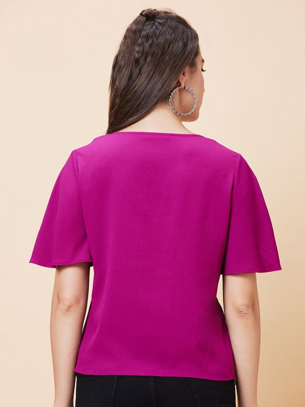 Globus Women Pink Solid V-Neck Casual Waist Tie-Up Top