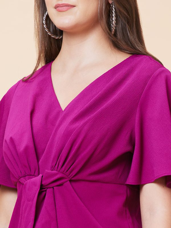 Globus Women Pink Solid V-Neck Casual Waist Tie-Up Top
