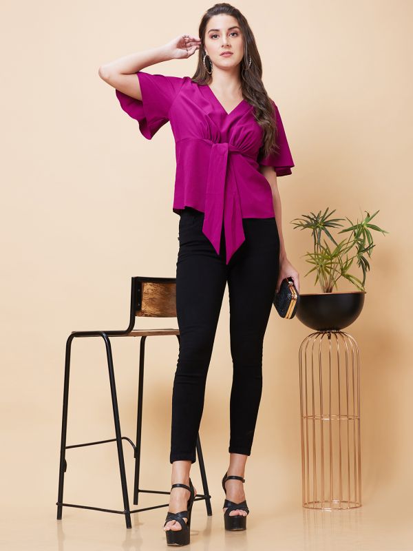 Globus Women Pink Solid V-Neck Casual Waist Tie-Up Top
