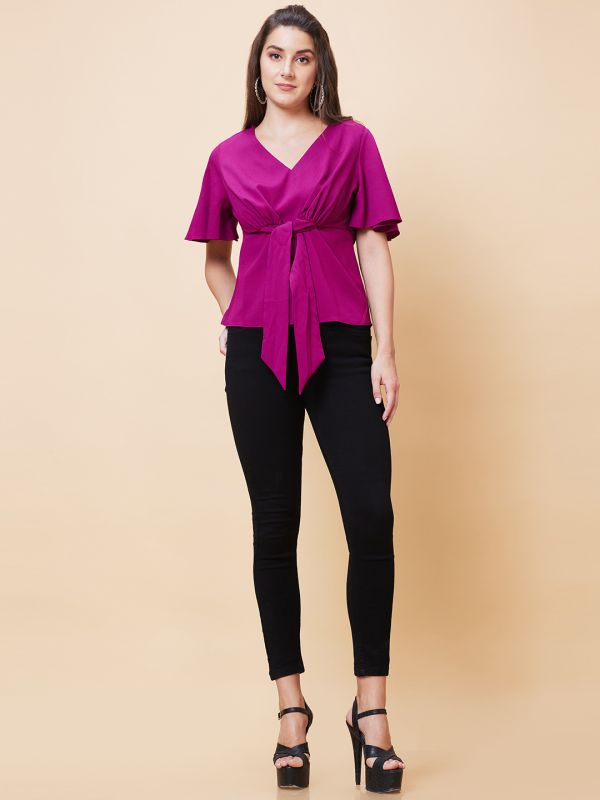 Globus Women Pink Solid V-Neck Casual Waist Tie-Up Top