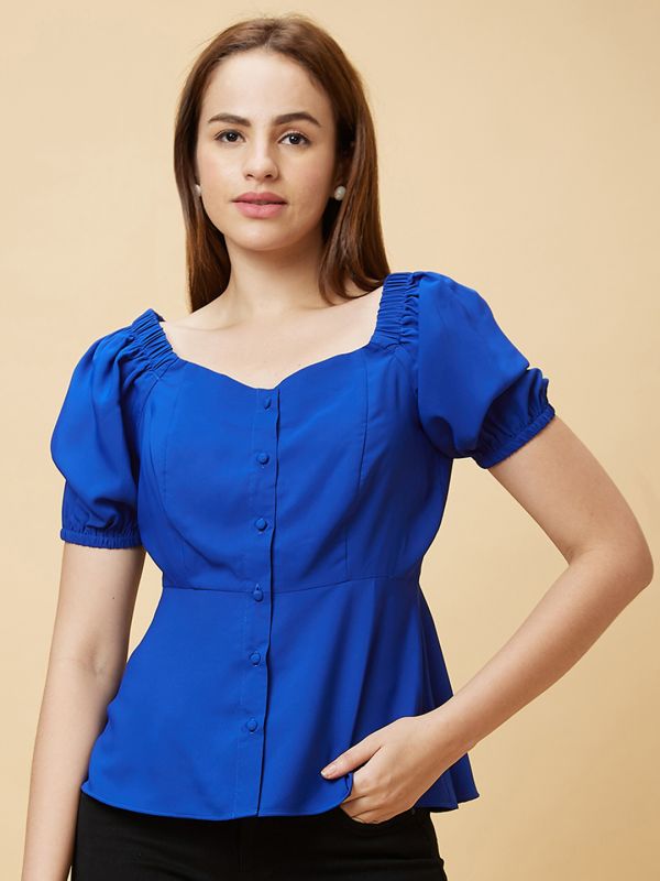 Globus Women Blue Sweetheart Neck Puff Sleeves Top