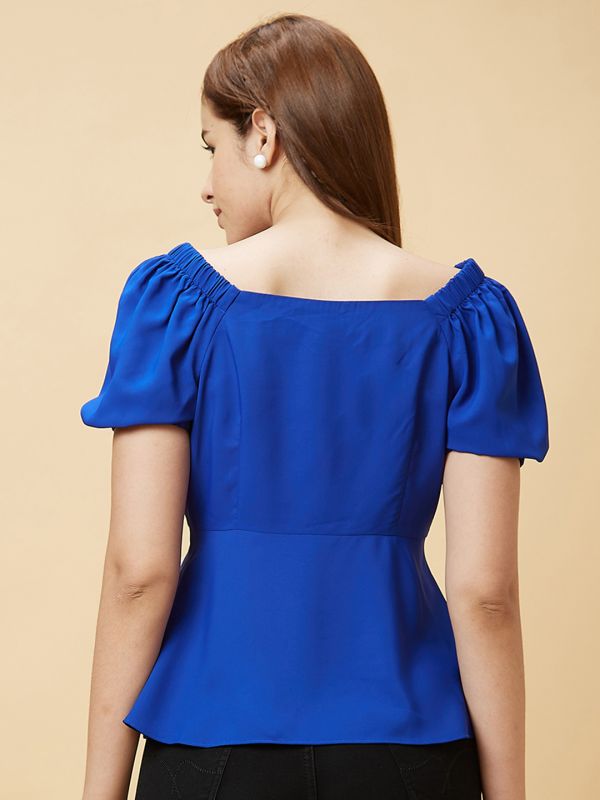 Globus Women Blue Sweetheart Neck Puff Sleeves Top