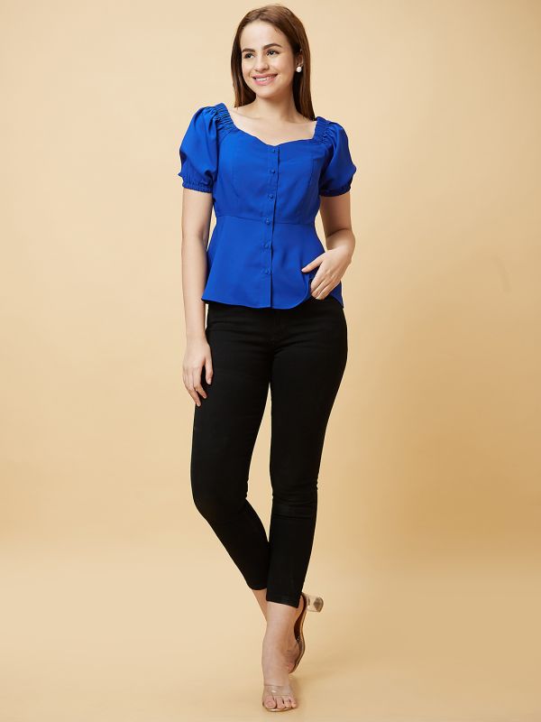 Globus Women Blue Sweetheart Neck Puff Sleeves Top