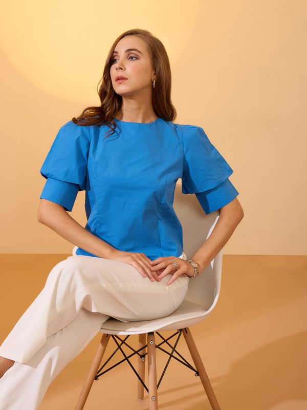 Globus Women Blue Puff Sleeve Round Neck Back Button Shirt Style Workwear Top