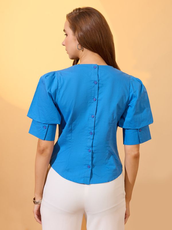 Globus Women Blue Puff Sleeve Round Neck Back Button Shirt Style Workwear Top