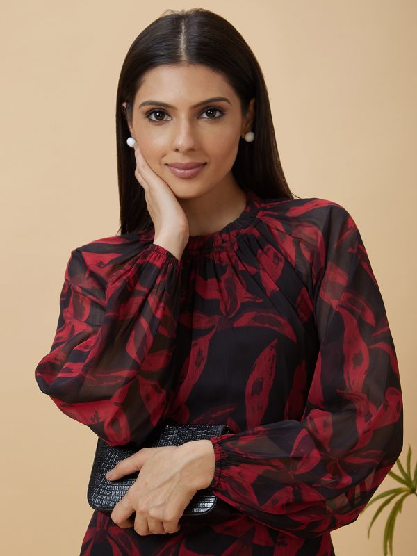 Globus Women Multi Black Tropical Print Gathered Long Puff Sleeves Casual Top