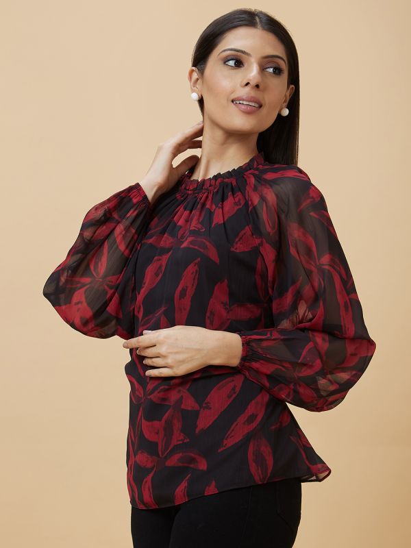 Globus Women Multi Black Tropical Print Gathered Long Puff Sleeves Casual Top