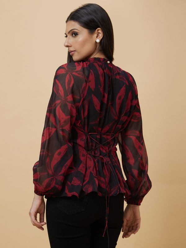 Globus Women Multi Black Tropical Print Gathered Long Puff Sleeves Casual Top