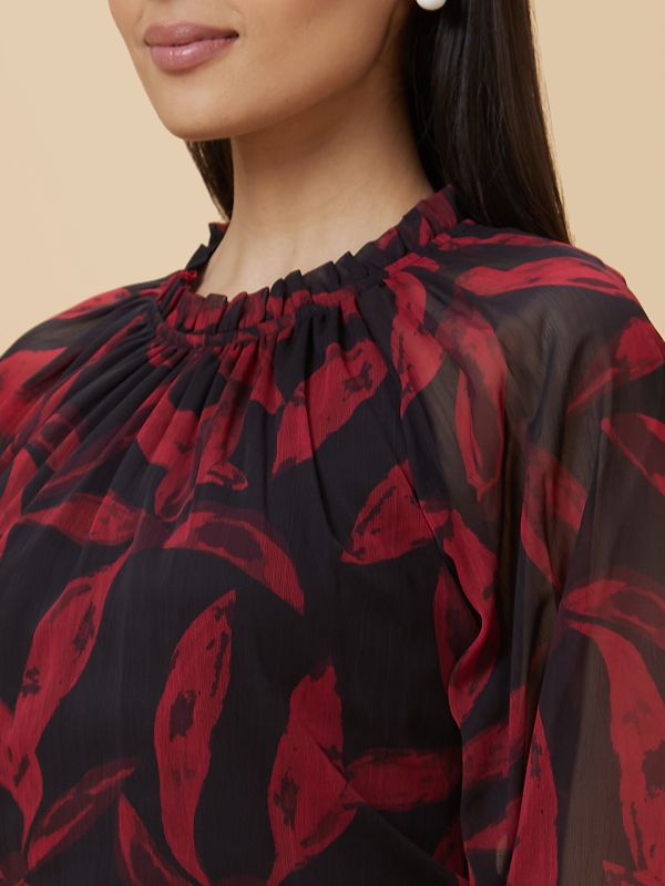 Globus Women Multi Black Tropical Print Gathered Long Puff Sleeves Casual Top
