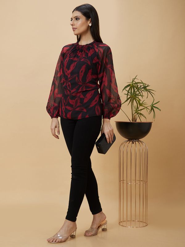 Globus Women Multi Black Tropical Print Gathered Long Puff Sleeves Casual Top
