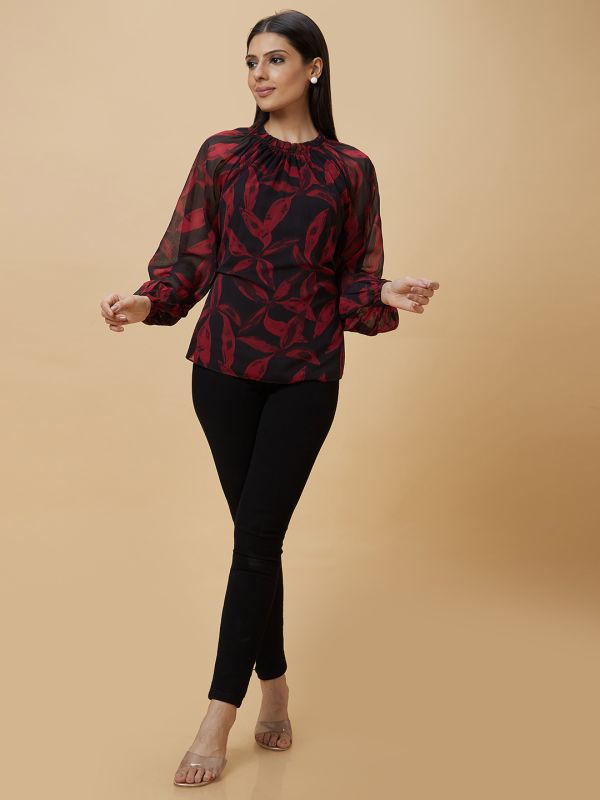 Globus Women Multi Black Tropical Print Gathered Long Puff Sleeves Casual Top