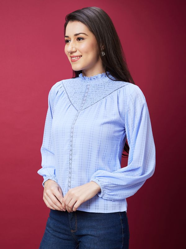 Globus Women Blue Checked High Ruffled Neck Smocked Casual Top