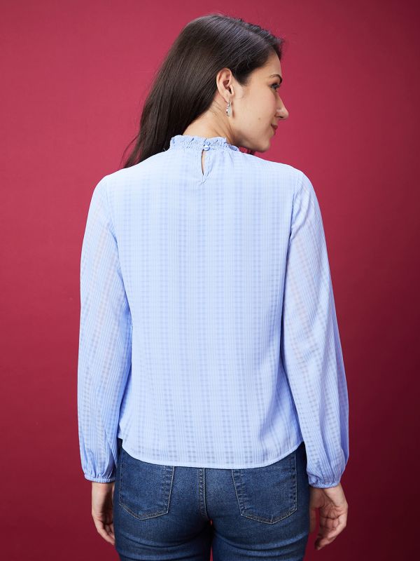 Globus Women Blue Checked High Ruffled Neck Smocked Casual Top