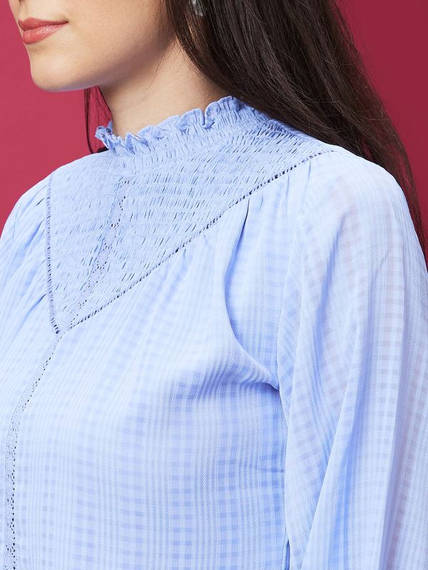 Globus Women Blue Checked High Ruffled Neck Smocked Casual Top