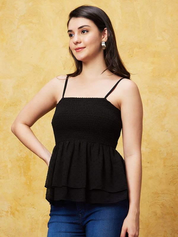 Globus Women Black Self Design Strappy Casual Top