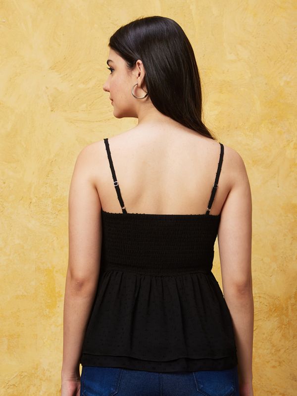 Globus Women Black Self Design Strappy Casual Top
