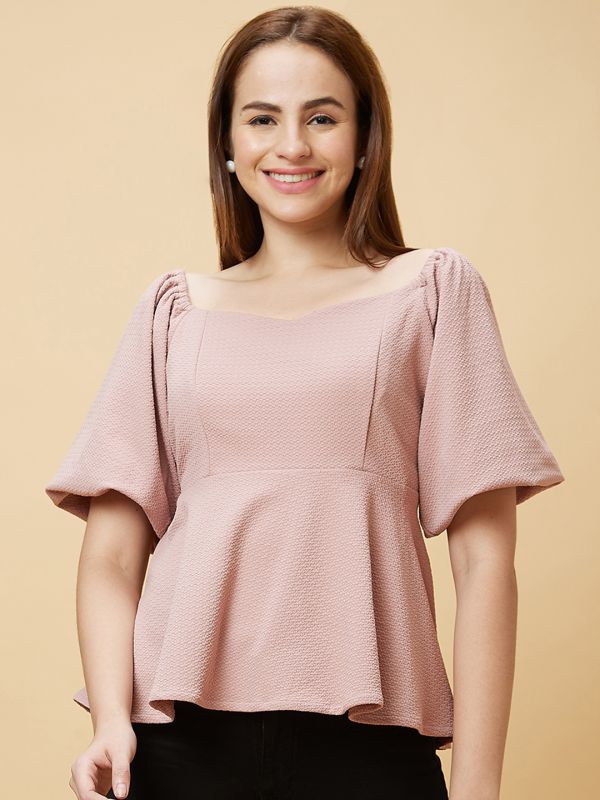Globus Women Pink Sweetheart Neck Puff Sleeves Peplum Top
