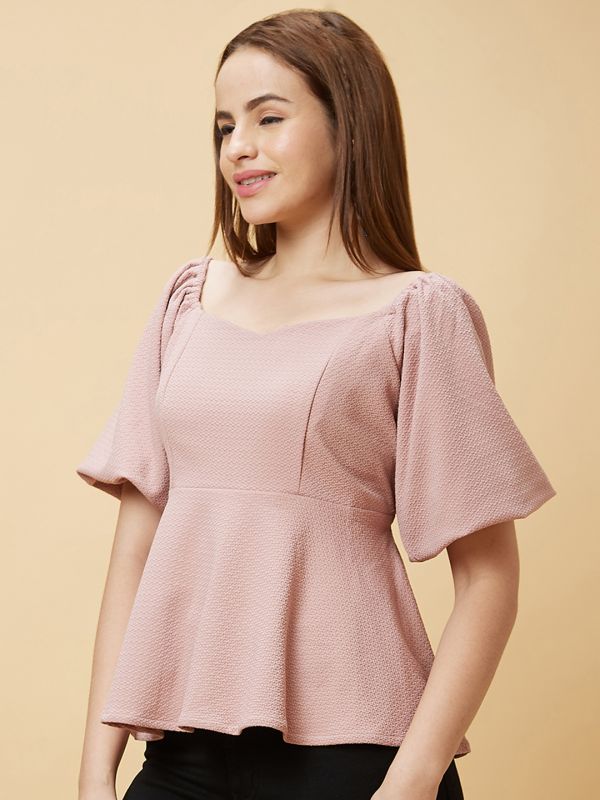 Globus Women Pink Sweetheart Neck Puff Sleeves Peplum Top