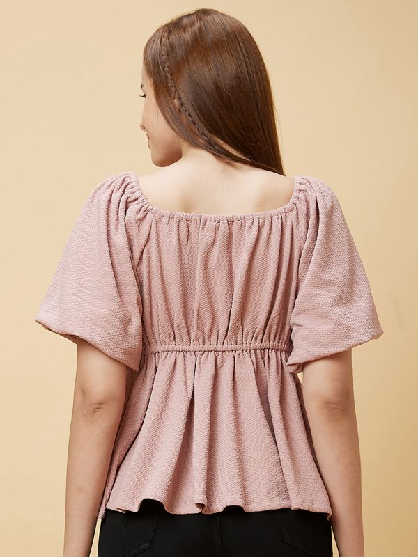 Globus Women Pink Sweetheart Neck Puff Sleeves Peplum Top