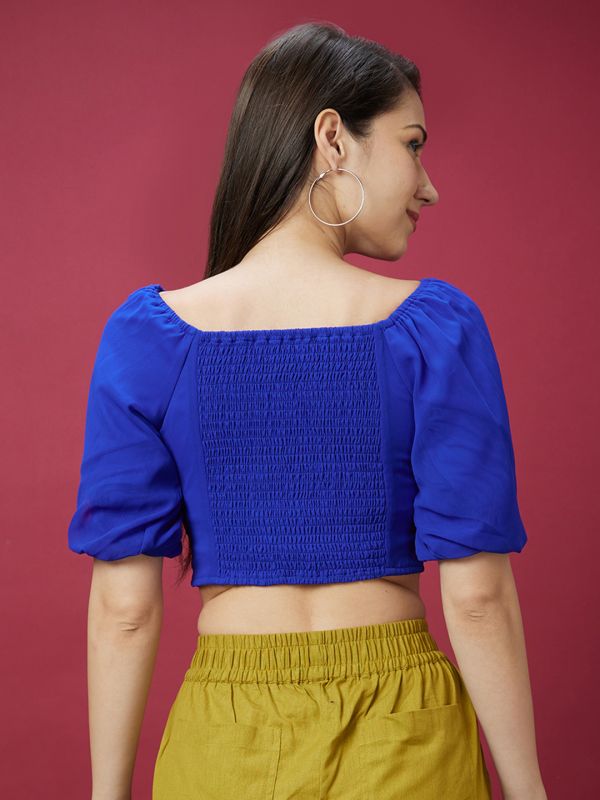 Globus Women Royal Blue Solid Sweetheart Neck Twisted Crop Top