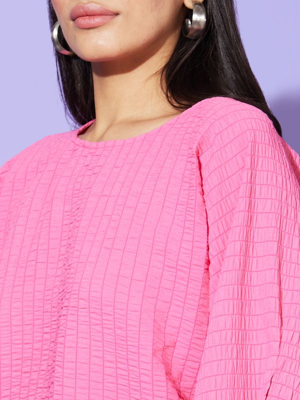 Globus Women Pink  Solid Round Neck Boxy Fit Casual Top