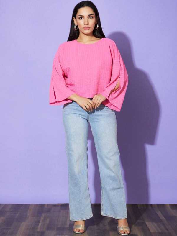 Globus Women Pink  Solid Round Neck Boxy Fit Casual Top