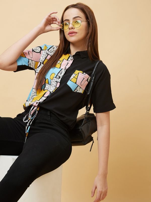 Globus Women Pink Graphic Print Tie Ups Button Down Funky Shirt Top