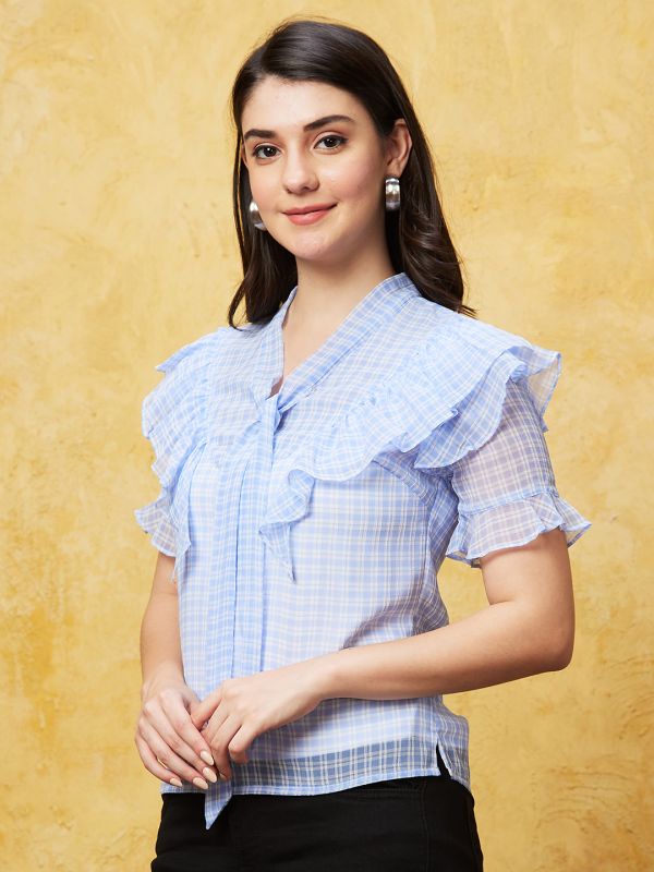Globus Women Blue Checked Tie-Up Neck Ruffled Casual Top